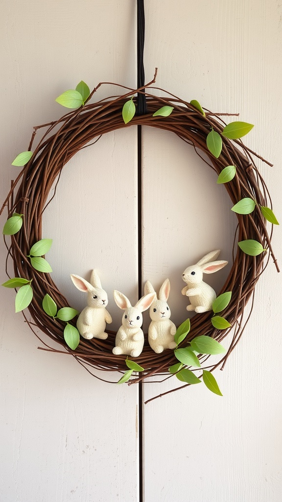 Twisted vine wreath decorated with small bunnies and green leaves