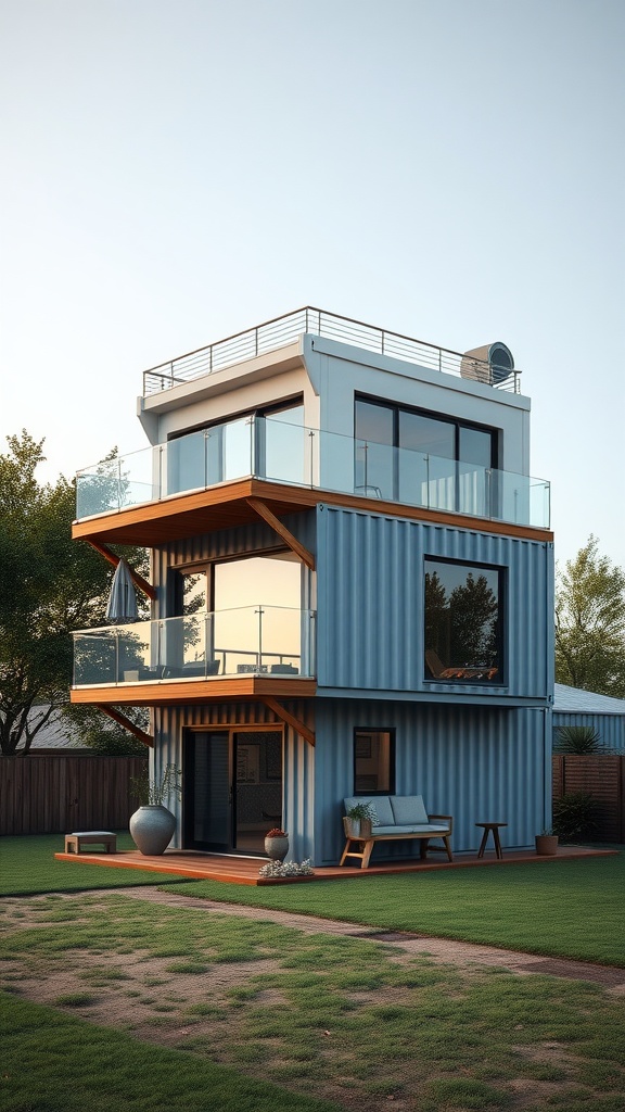 A two-story container home featuring a rooftop deck and modern design elements.