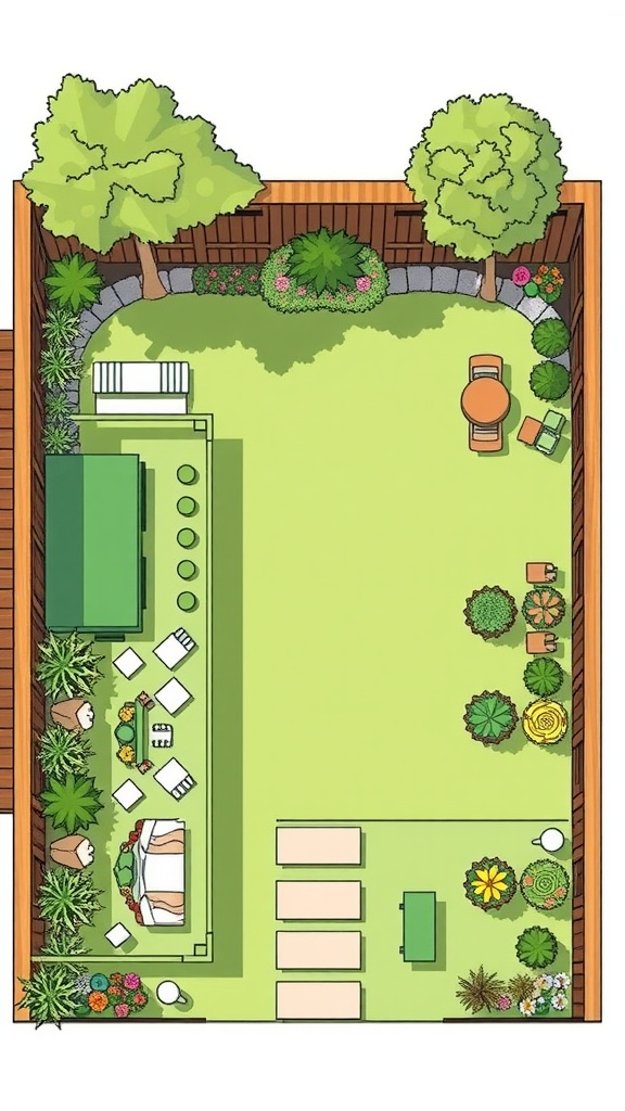 A well-planned garden layout showing different plants and furniture arrangements.