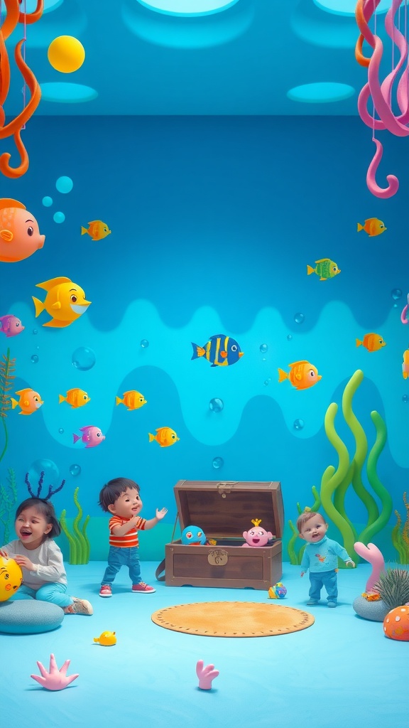 Colorful underwater scene with children playing and marine life.