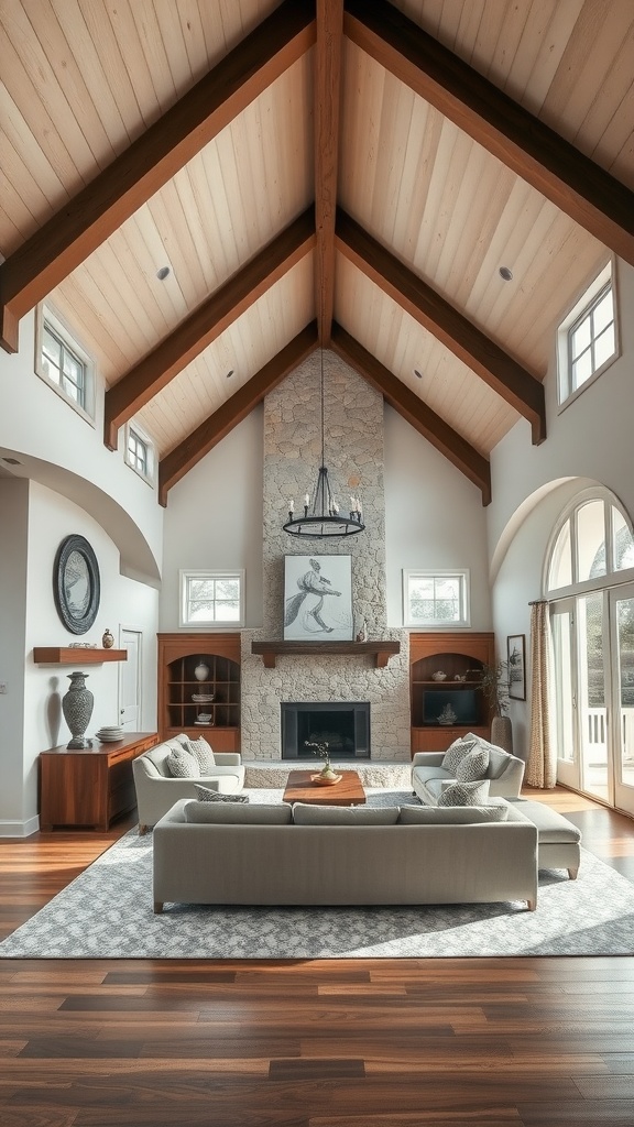 Craftsman style living room featuring vaulted ceiling, wooden beams, stone fireplace, and open layout