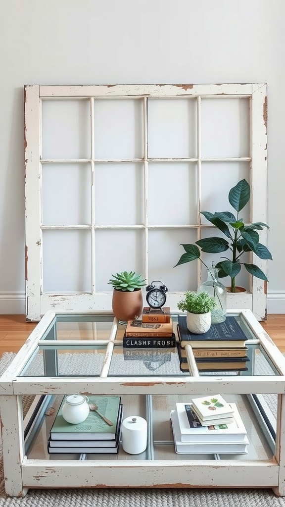 Coffee table made from an old window frame with glass top, featuring books and plants.