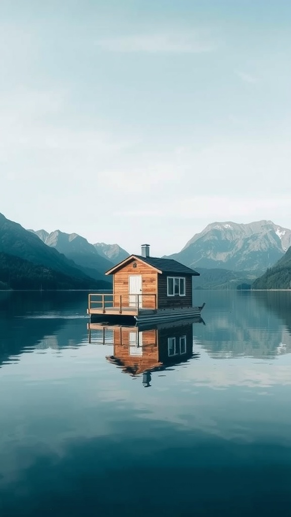 A picturesque floating cabin on a tranquil lake surrounded by mountains