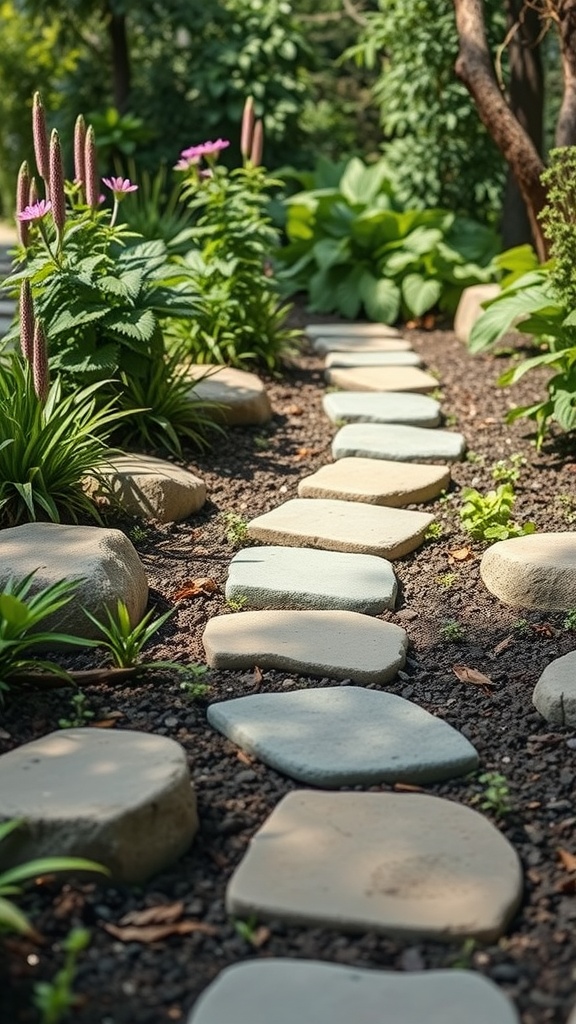 Garden path with unique hypertufa stepping stones surrounded by plants.