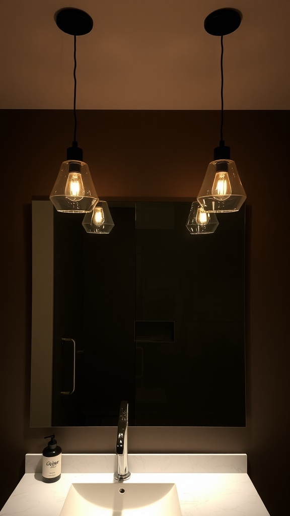 Three glass pendant lights hanging above a modern bathroom sink