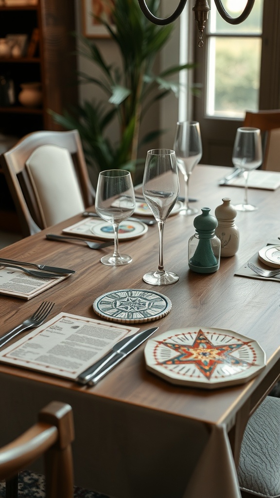 A beautifully set dining table featuring unique plates, glasses, and table accessories.