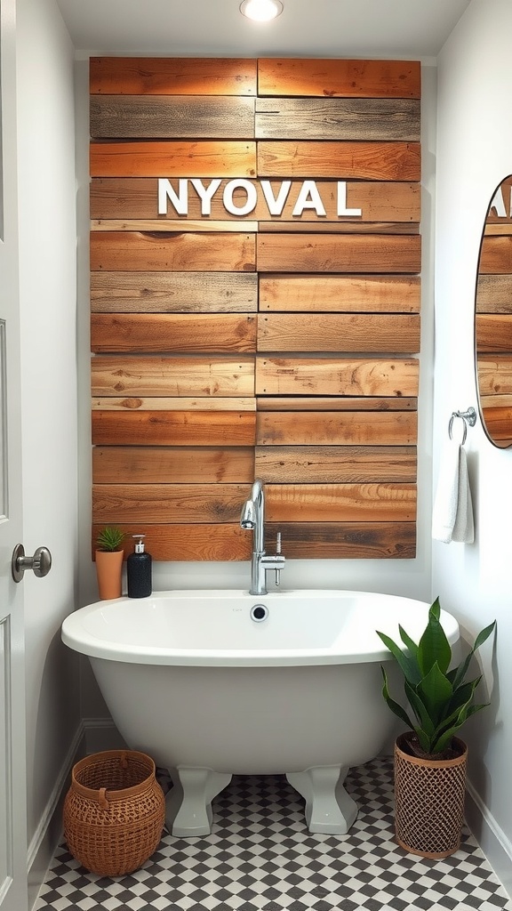 Upcycled pallet wall art in a bathroom with a tub and plants.