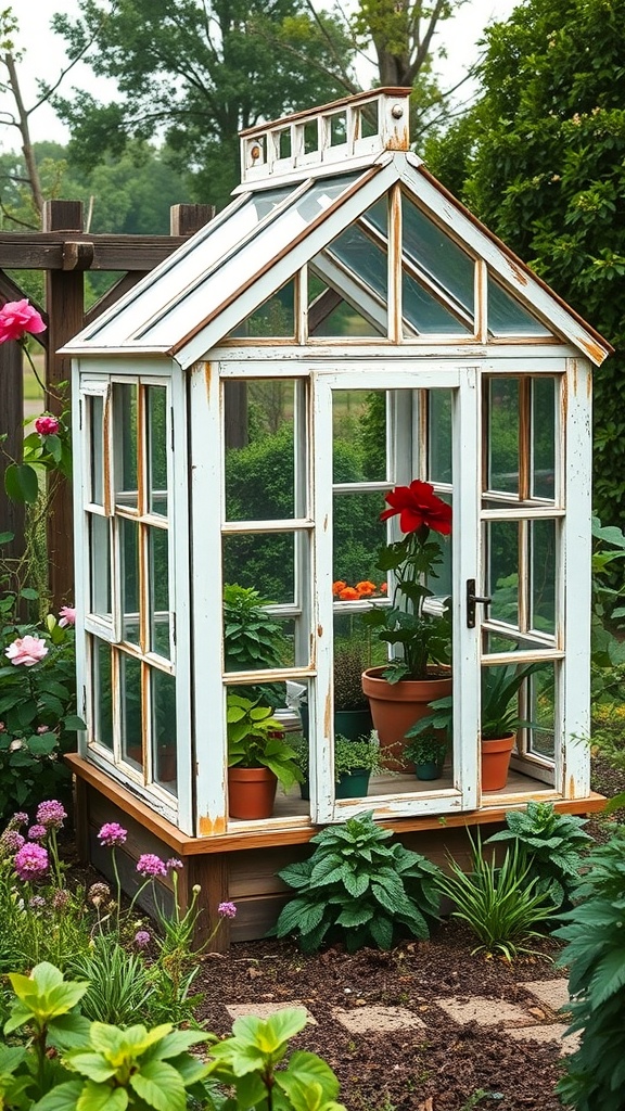 An upcycled window frame greenhouse surrounded by colorful flowers.