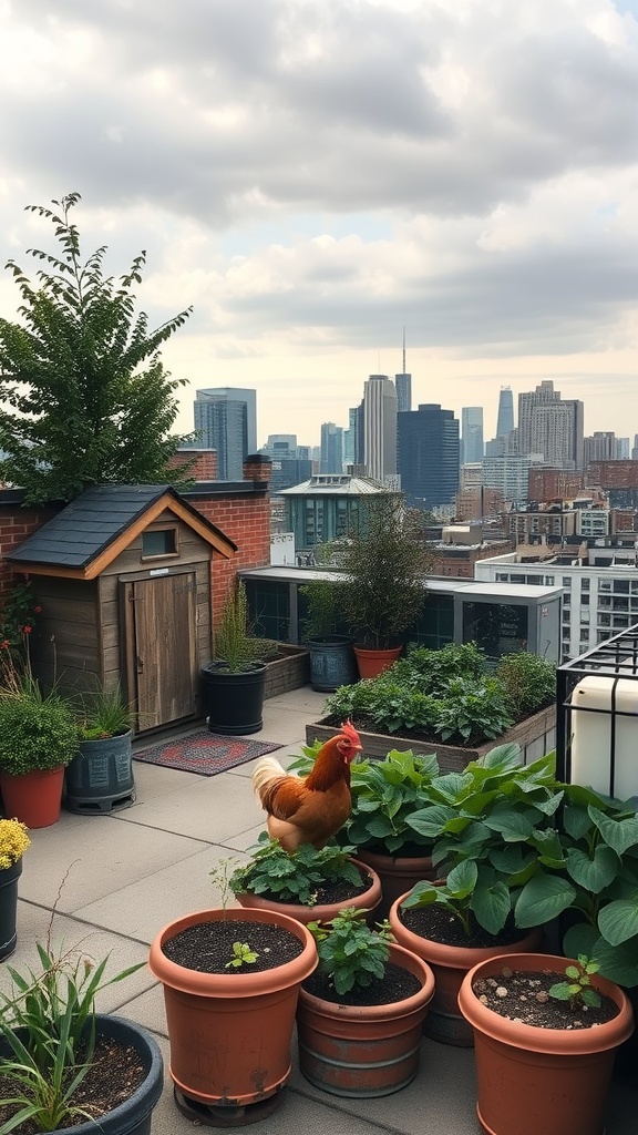 A rooftop garden featuring a chicken coop and various potted plants with a city skyline in the background.