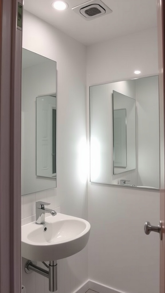 A small bathroom with multiple mirrors and a modern sink.