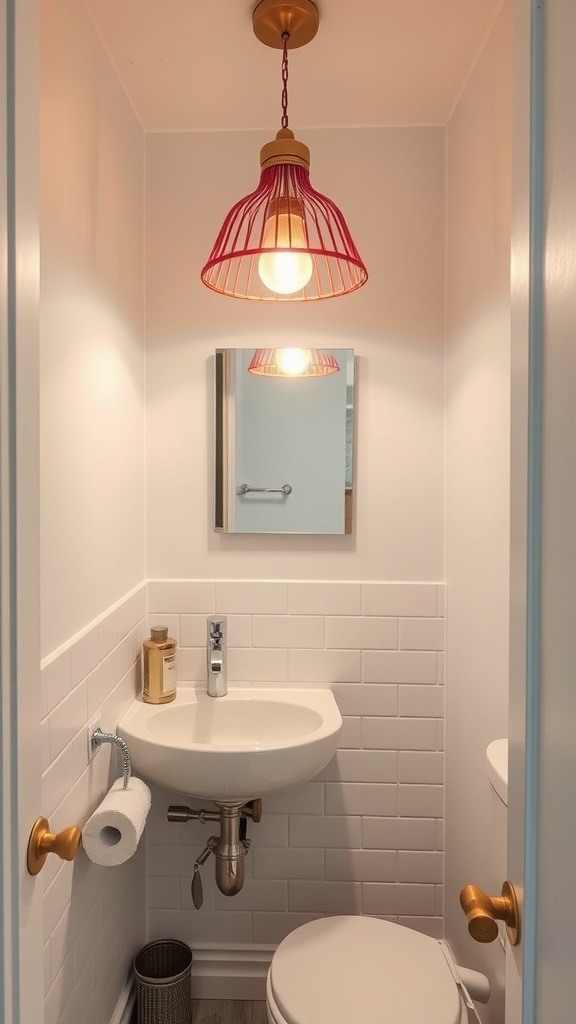 A small bathroom featuring a stylish pink statement light fixture.