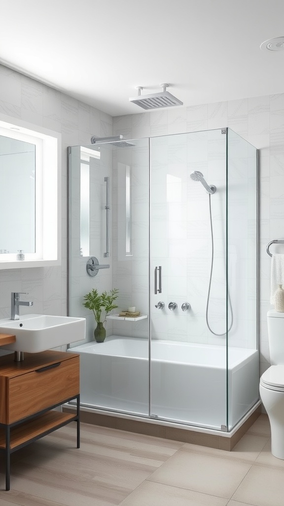 A modern small space bathroom with a transparent shower enclosure, featuring a white bathtub, wood vanity, and a plant.