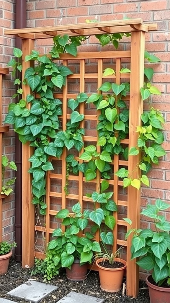 A wooden trellis with green climbing plants against a brick wall.