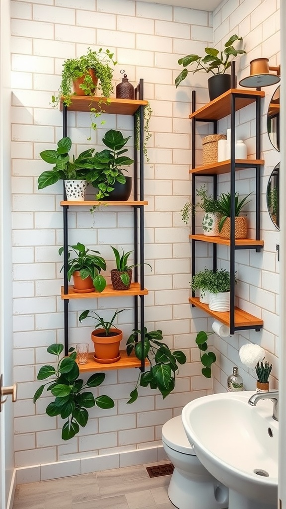 A small bathroom with vertical shelving filled with plants and decorative items.