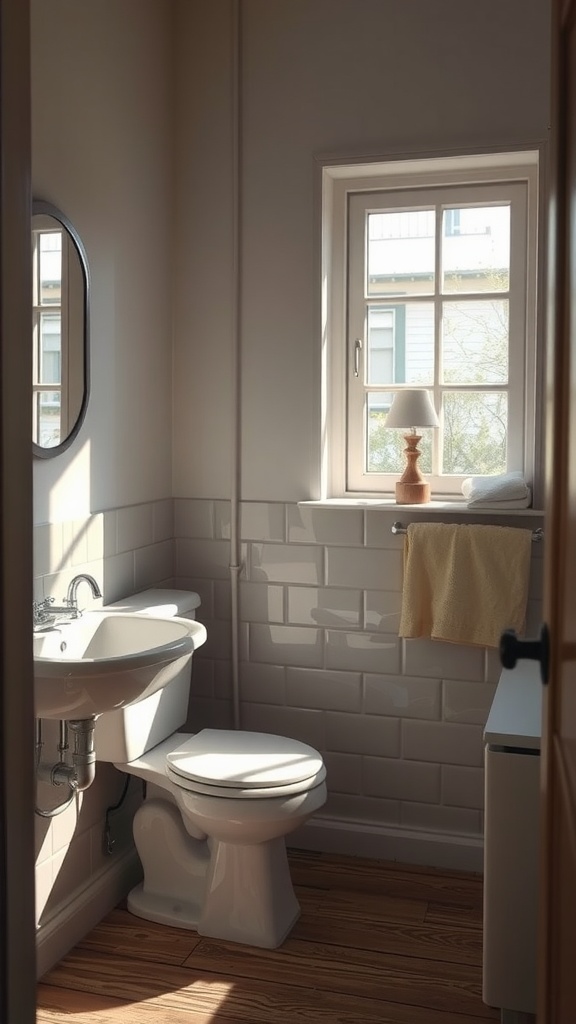 A small bathroom with a window allowing natural light and a cozy atmosphere.