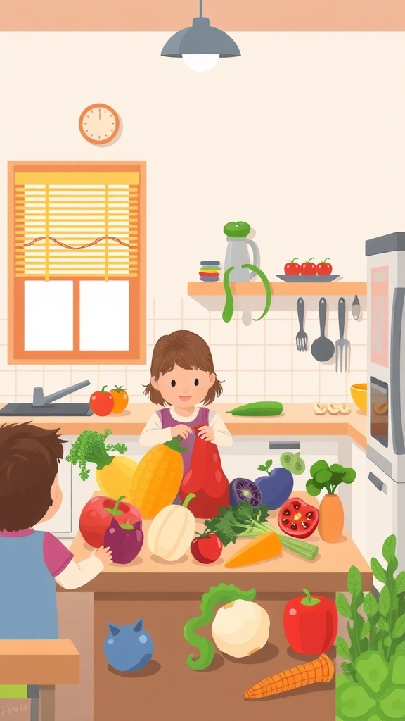 Children playing with various vegetables in a kitchen setting.