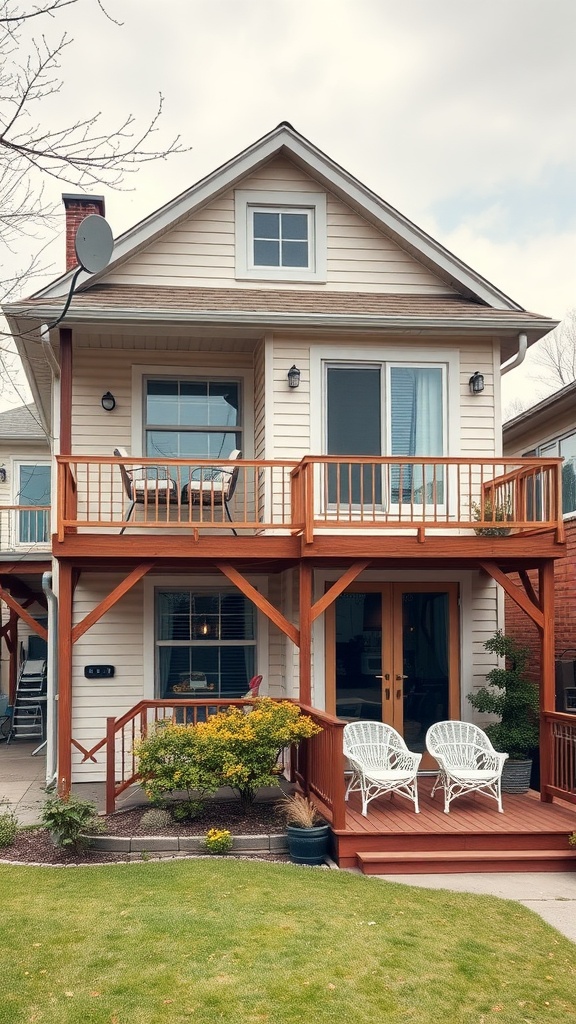 A charming split-level house with a wooden deck and two white chairs in front.