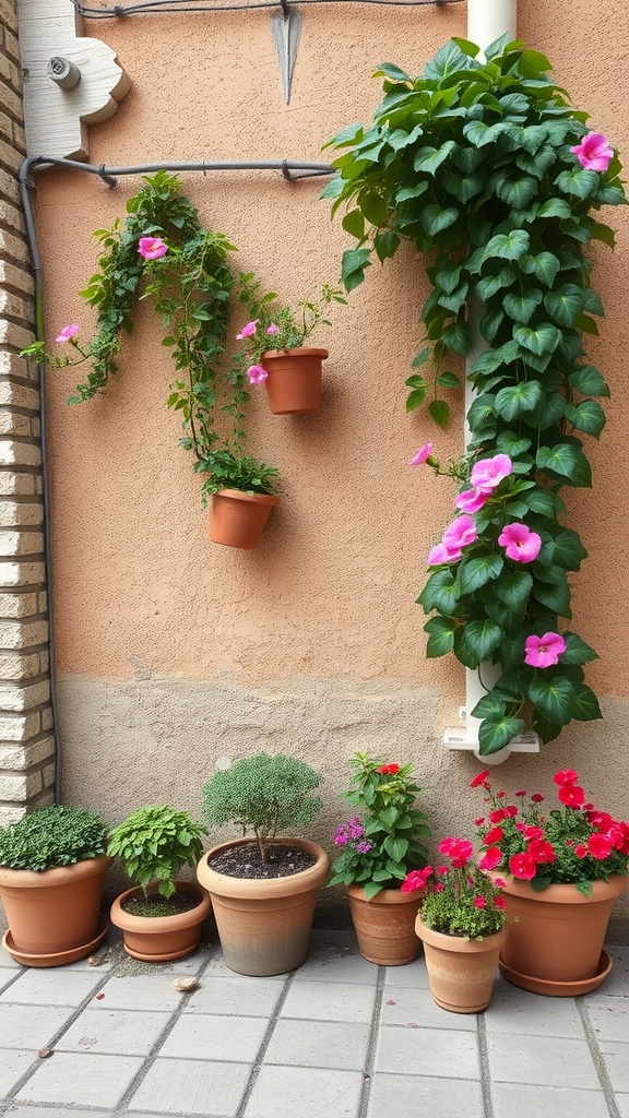 A vertical garden with colorful flowers in terracotta pots against a textured wall.