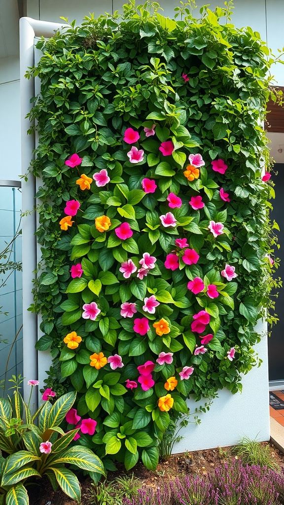 Colorful vertical garden wall with various flowers and green leaves.