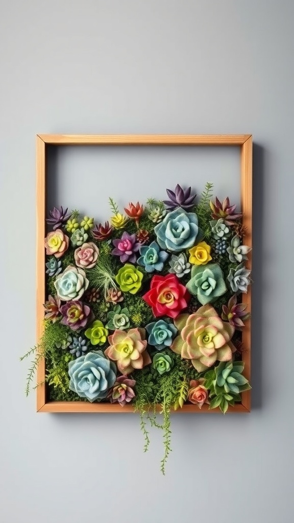 Colorful vertical garden featuring various succulents in a wooden frame