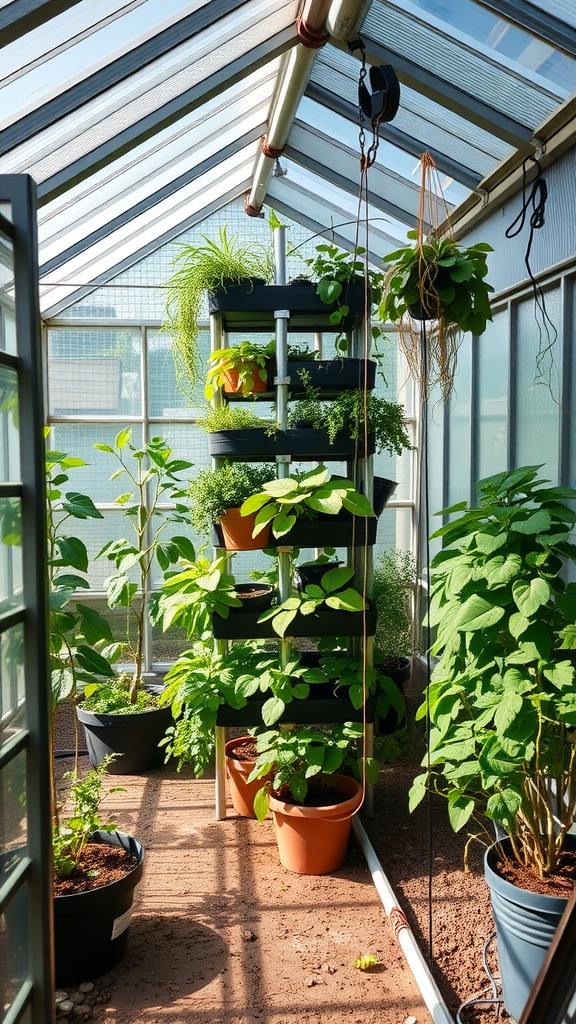 A greenhouse featuring a vertical gardening system with various plants in pots.