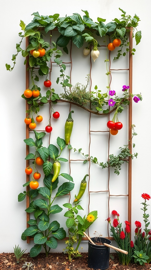 Vertical gardening with a trellis displaying colorful vegetables and flowers.