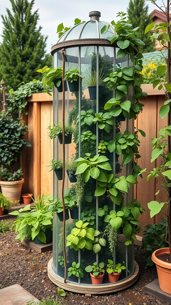 A vertical greenhouse tower filled with various plants, surrounded by a wooden fence and garden pots.