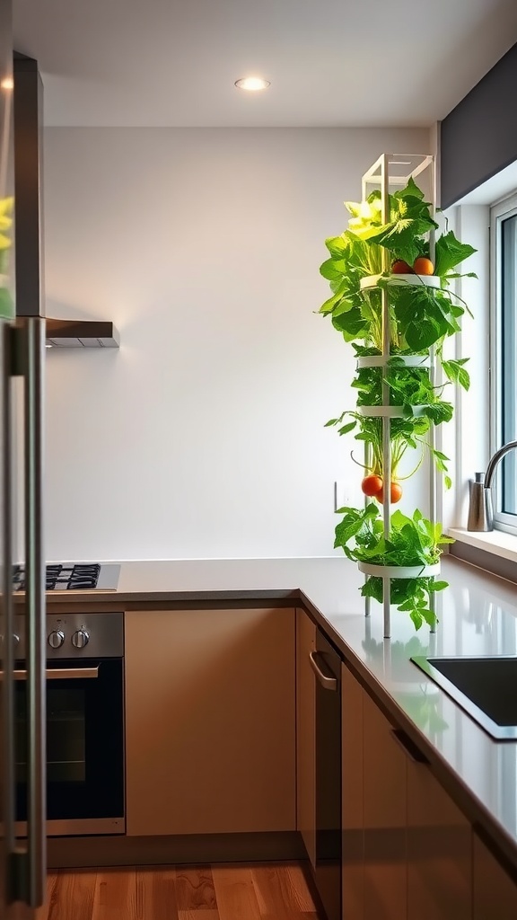 A vertical hydroponic garden displaying lush green plants and tomatoes in a modern kitchen.