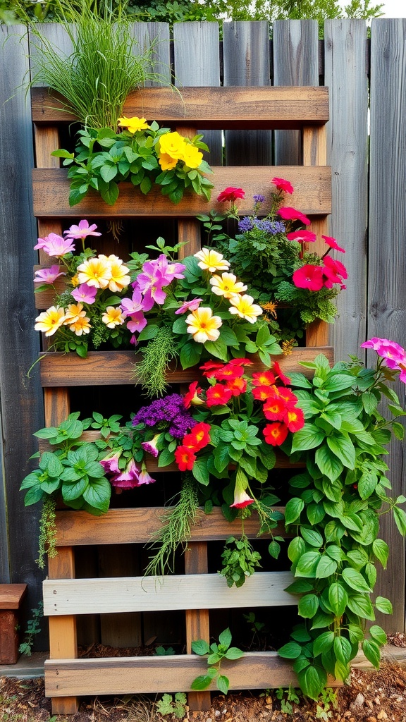 Colorful flowers and plants growing from a vertical pallet garden on a wooden fence.