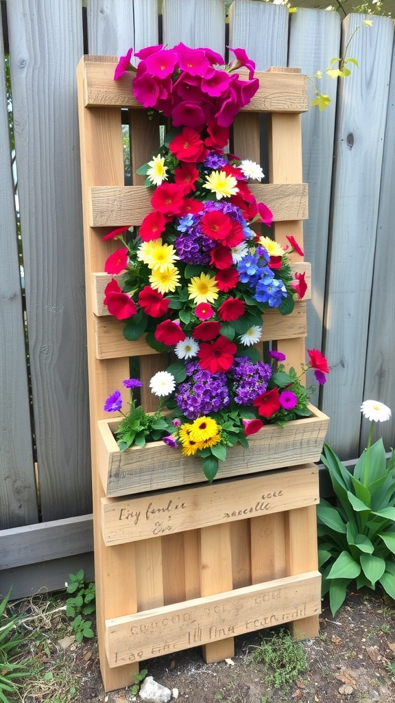 A colorful vertical pallet planter filled with vibrant flowers.