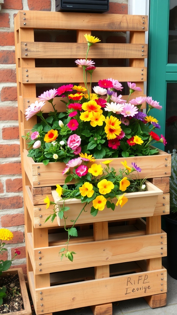 A vertical pallet planter filled with colorful flowers, showcasing a DIY gardening idea for small spaces.