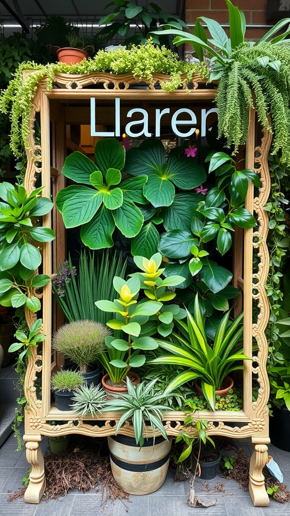 A vertical plant frame filled with various lush green plants.