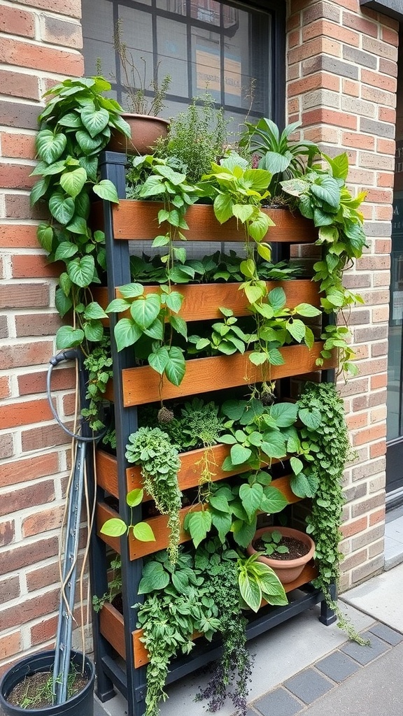 A vertical raised bed garden with various green plants cascading down.