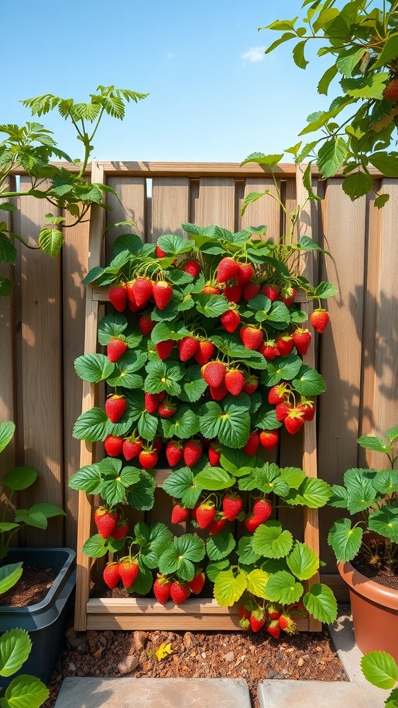 A vertical strawberry garden with ripe strawberries growing on a wooden frame against a fence.