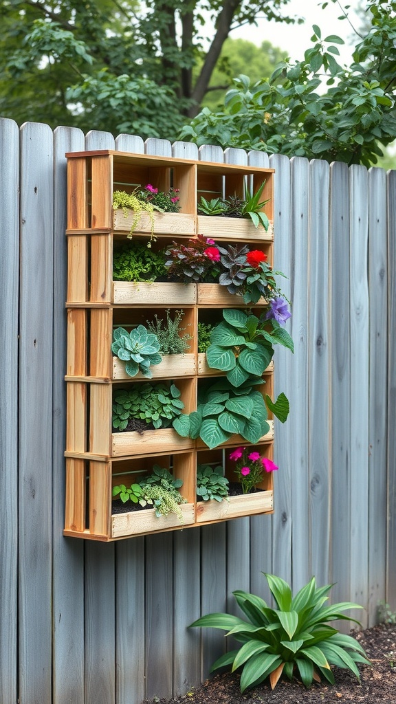 A wooden vertical wall planter filled with various plants and flowers, attached to a wooden fence.