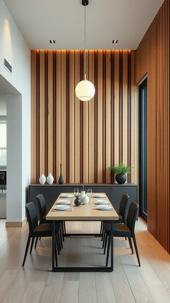 Dining area featuring vertical wood slat wall paneling, a wooden dining table, and modern decor.