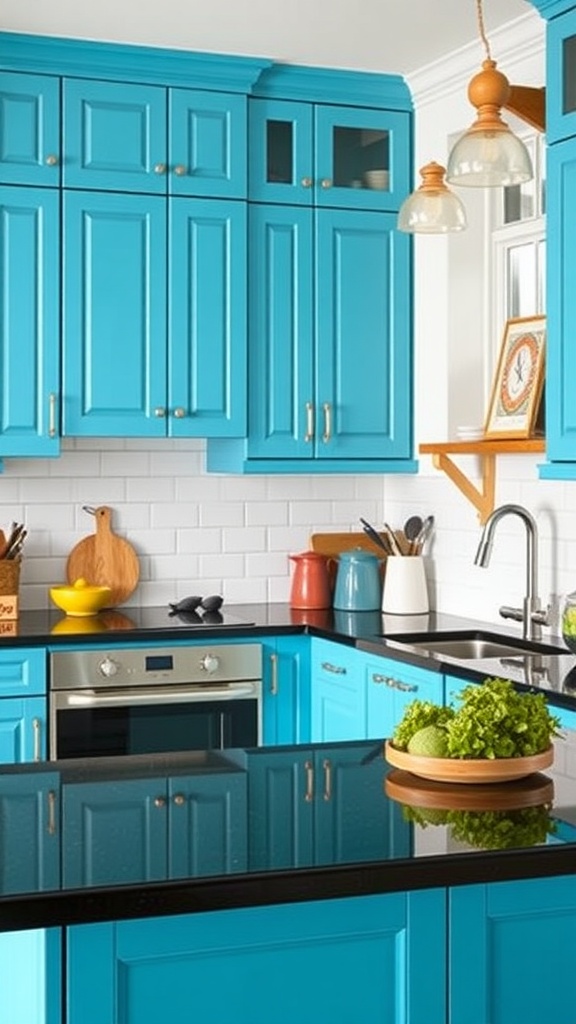 A kitchen featuring vibrant blue cabinets and black countertops, with colorful accessories and modern appliances.