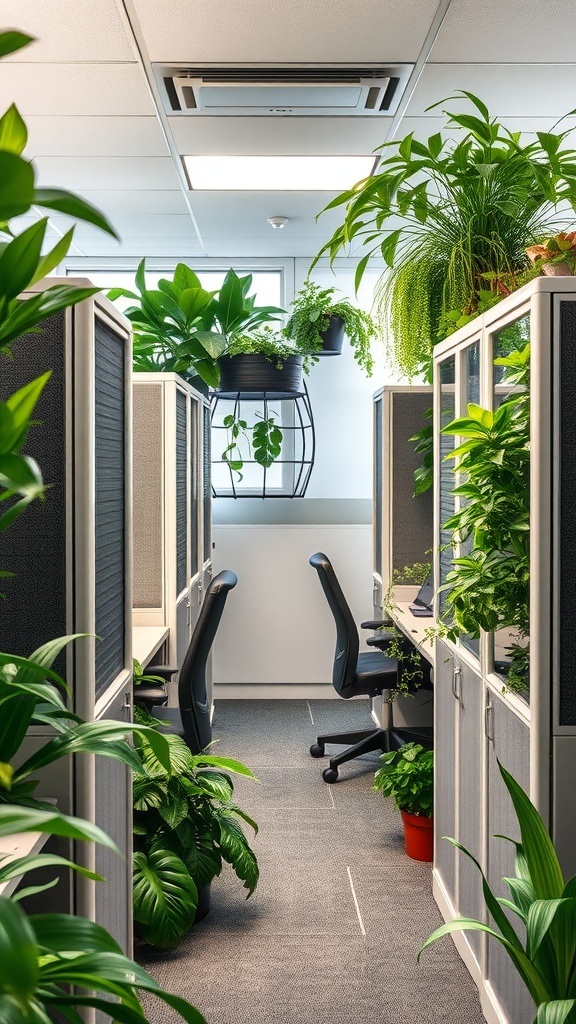 An office cubicle area filled with various plants, creating a fresh and inviting workspace.