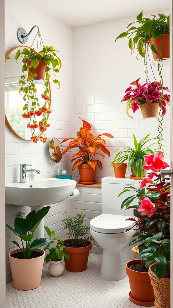 A bright bathroom filled with various potted plants and hanging greenery.