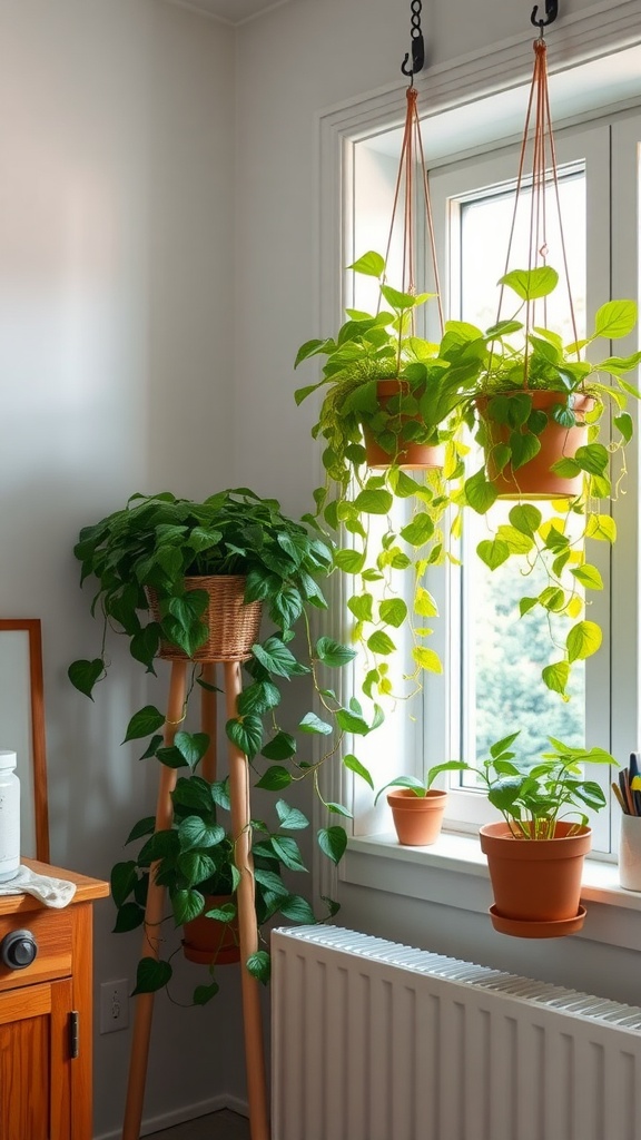 Pothos plants displayed in hanging pots near a window.