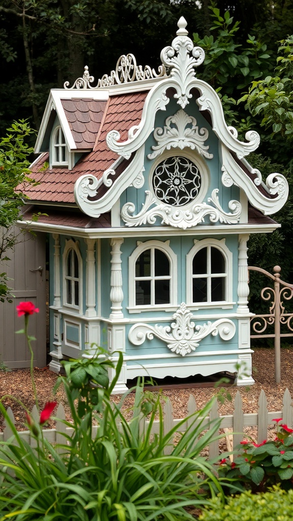 Victorian-style chicken house in a garden with decorative elements