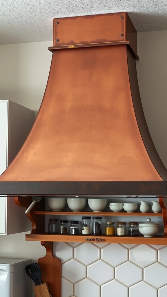 A vintage-inspired copper kitchen hood with a curved design and wooden shelf containing jars and bowls.