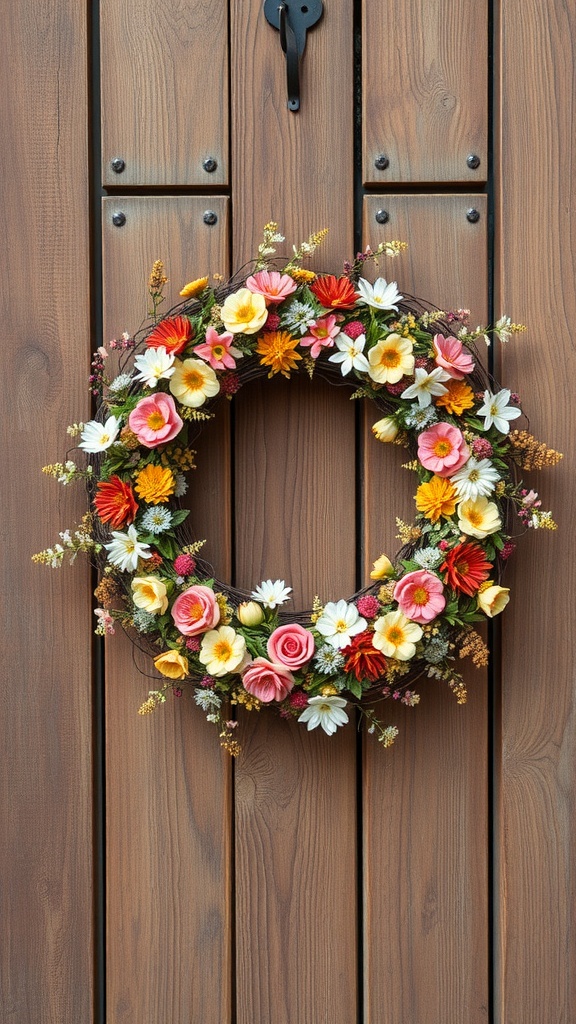 A vibrant vintage-inspired floral wreath with pink, yellow, and orange flowers hanging on a wooden door.