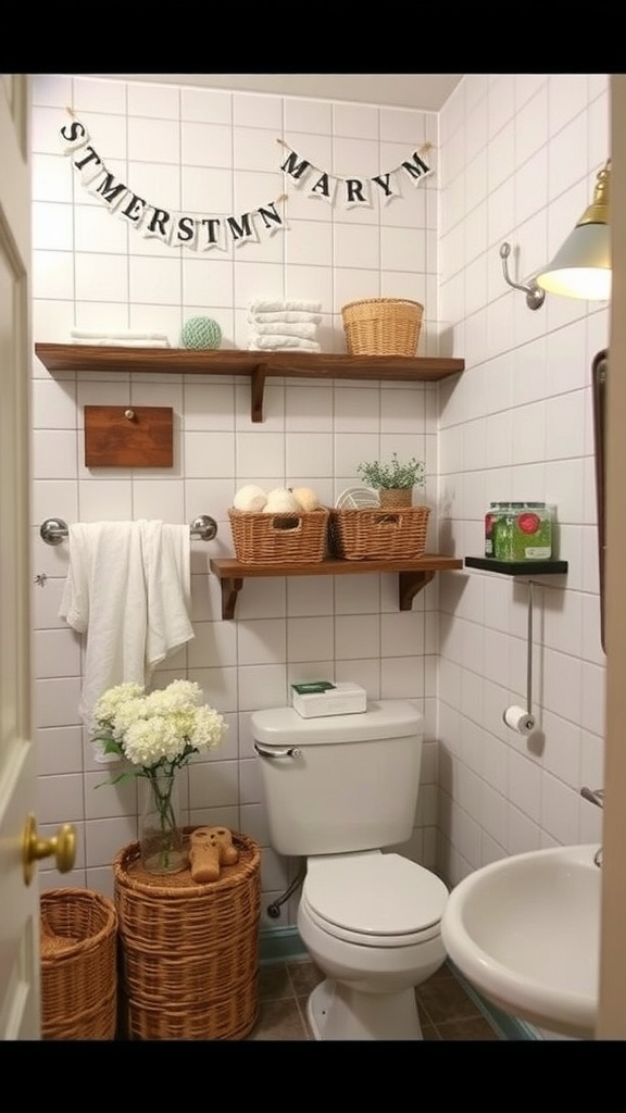 A vintage-inspired bathroom featuring wooden shelves and wicker baskets for storage.