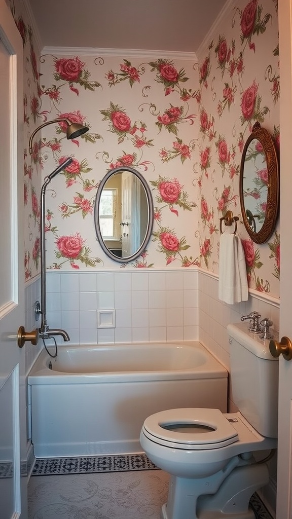 A vintage-inspired bathroom with floral wallpaper, a tub, and classic fixtures.