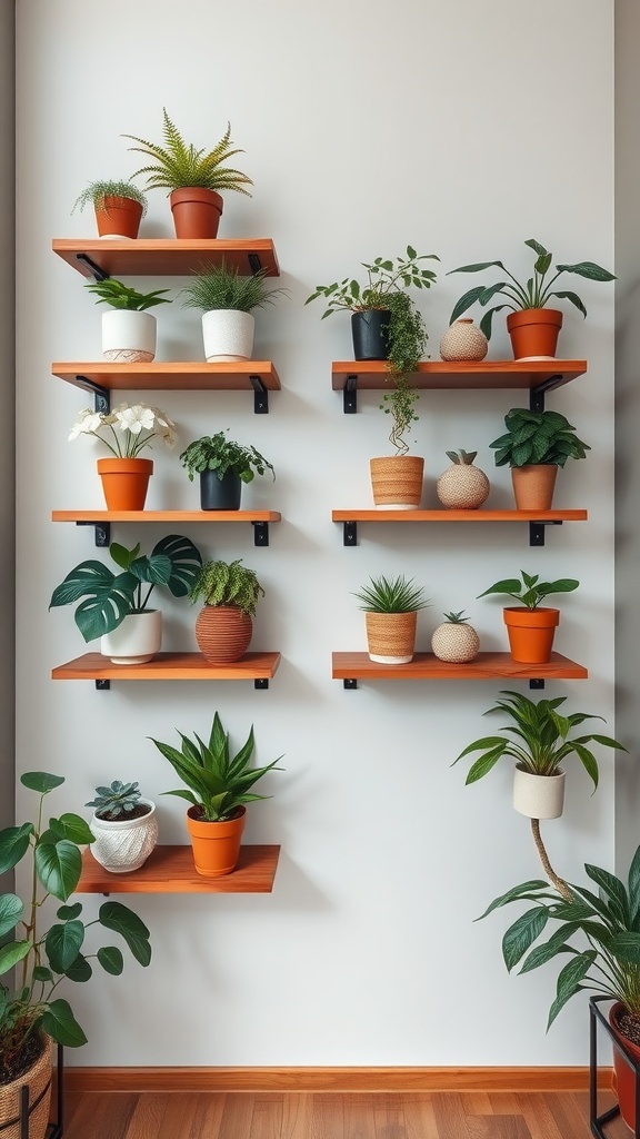 Wall-mounted plant shelves with various potted plants.