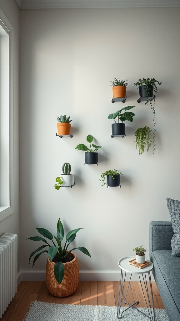 A stylish arrangement of wall-mounted planters with various plants in different pots.