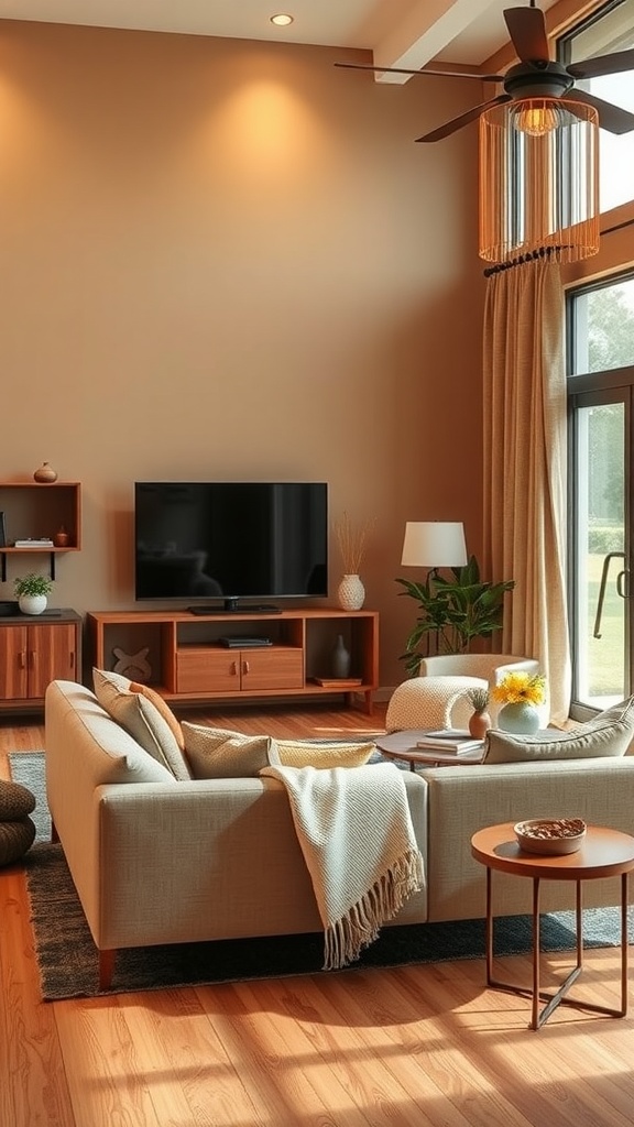 Cozy Mid Century Modern living room with warm earthy tones.