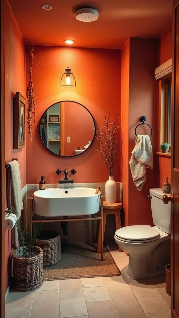 A cozy bathroom with warm terracotta walls, a round mirror, wooden accents, and greenery.