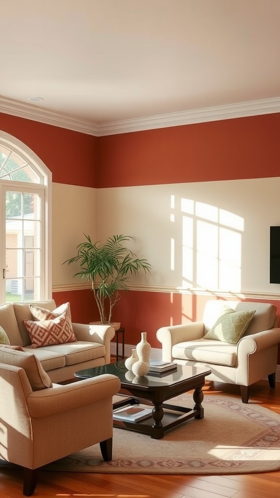 Living room with warm terracotta and cream two-toned walls with a chair rail